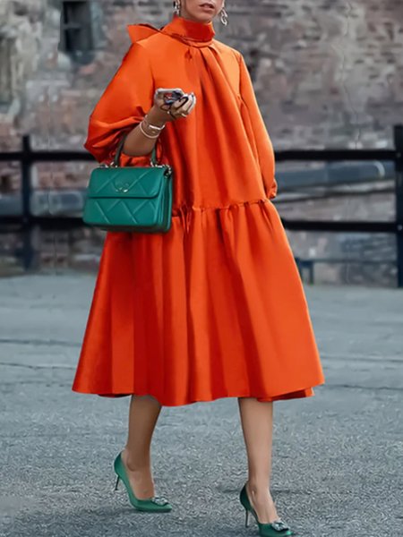

Stand Collar Plain Loose Elegant Dress, Orange, Midi Dresses