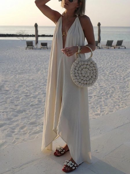 

Deep V Neck Loose Vacation Dress, White, Maxi Dresses
