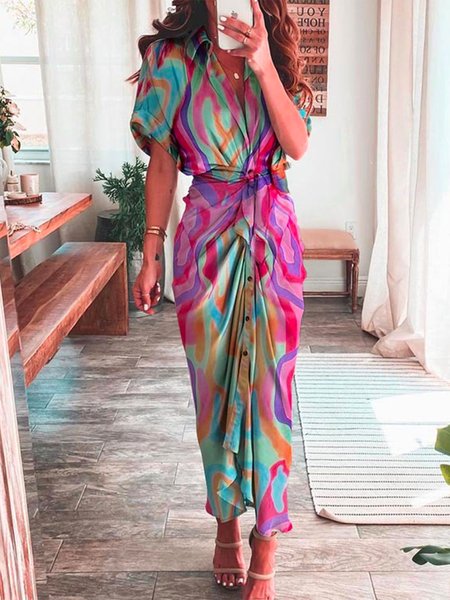 

Shirt Collar Vacation Abstract Regular Fit Maxi Dress, Multicolor, Maxi Dresses
