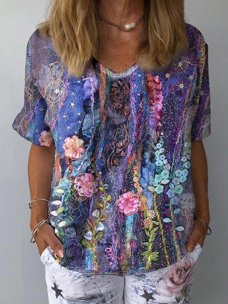 

Floral Casual Crew Neck T-Shirt, Blue, T-Shirts