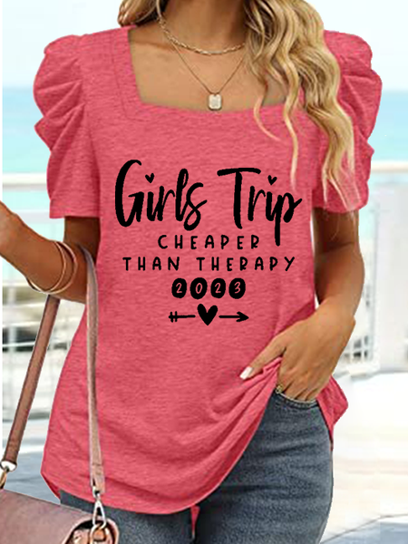 

Women's Girls Trip 2023 Bubble Sleeve Square Neck Text Letters Casual T-Shirt, Pink, T-shirts