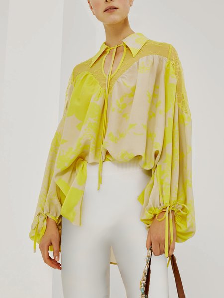 

Lantern Sleeve Shirt Collar Loose Elegant Blouse, Yellow, Blouses and Shirts