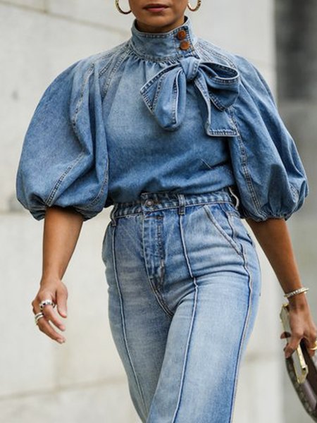 

Denim Blouse Casual Stand Collar Regular Fit Plain, Blue, Blouses and Shirts
