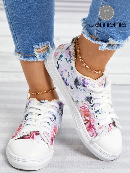 

Ink Floral Casual Lace-Up Canvas Shoes, As picture, Sneakers&Athletic