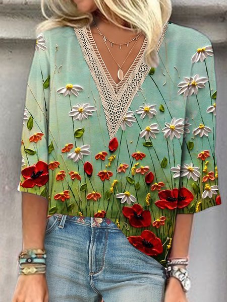 

V Neck Lace Casual Floral Shirt, Green, Shirts & Blouses