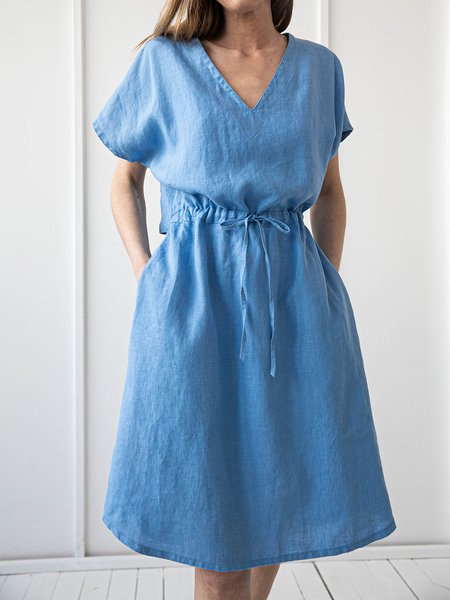 

V Neck Cotton Casual Loose Dress, Blue, Mini Dresses