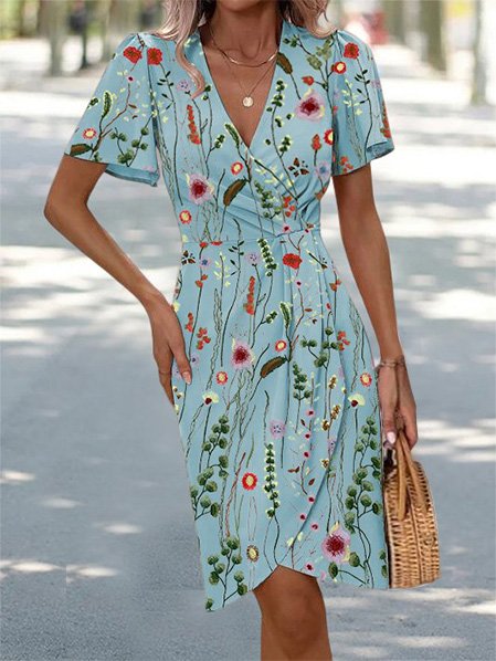 

Boho Floral V Neck Knitted Dress, Green, Dresses