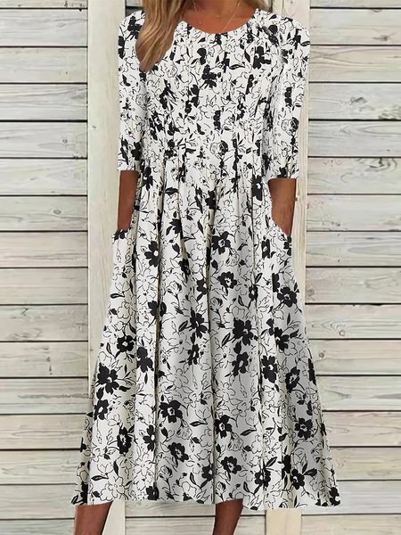 

Crew Neck Floral Casual Dress, Black, Dresses