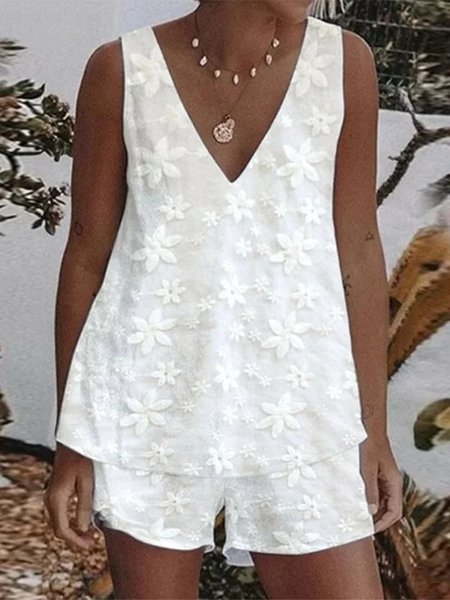 

V Neck Cotton Linen Two-Piece Set, White, Suits
