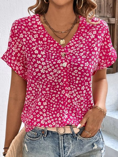 

Floral Buttoned Simple Loose Shirt, Deep pink, Shirts & Blouses