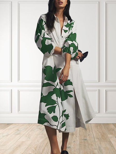 

Casual Regular Fit Shirt Collar Floral Dress, As picture, Midi Dresses