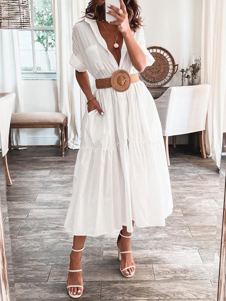 

Plain Loose Shirt Collar Elegant Dress, White, Midi Dresses
