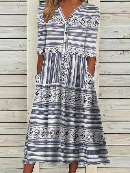 

Women's Half Sleeve V Neck Graphic Printed Midi Dress, Navyblue, Dresses