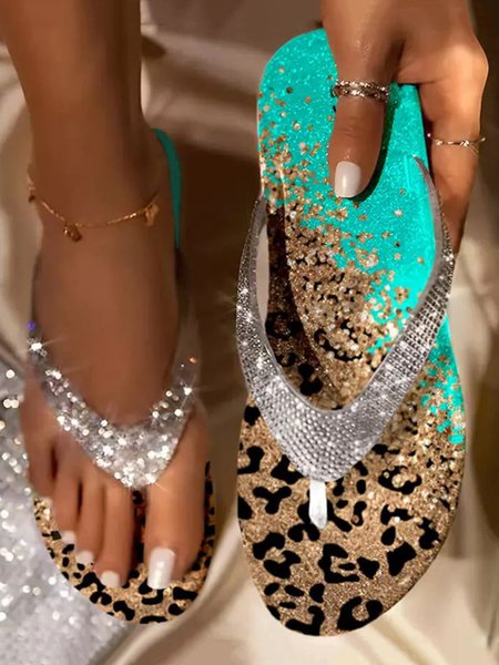 Leopard Print Rhinestone Beach Flip Flops, Sandals