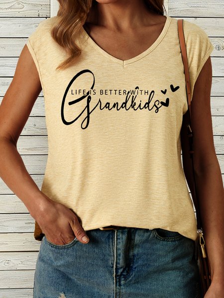 

Women's Life is Better with Grandkids Grandma Quote V Neck Casual Tank Top, Khaki, Tank Tops