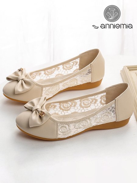 

Vacation Lace Bow Breathable Soft Comfortable Shoes, Beige, Flats
