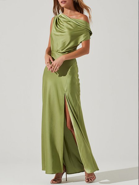 

Plain Satin Elegant Cold Shoulder Dress, Green, Maxi Dresses