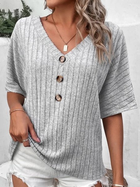 

Loose V Neck Casual Buttoned Shirt, Gray, Shirts & Blouses
