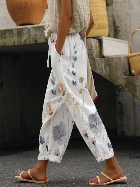 

Casual Floral Lace-Up Loose Pants, Multicolor, Pants