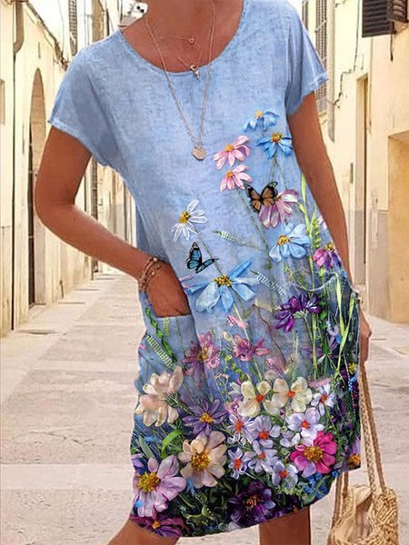

Floral Casual Crew Neck Dress, Blue, Dresses