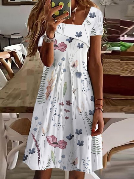 

Asymmetrical Regular Fit Floral Casual Dress, White, Dresses