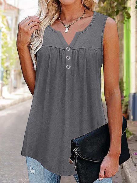 

Plain Ruched Casual Notched Tank Top, Gray, Tanks & Camis