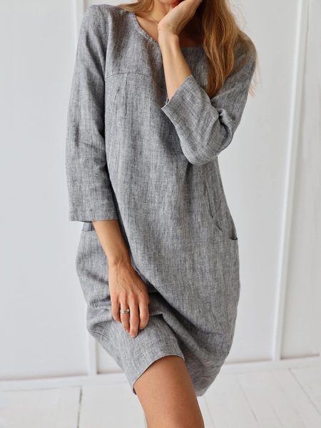 

Linen Crew Neck Loose Dress, Gray, Mini Dresses