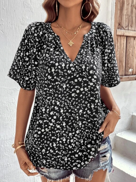 

V Neck Floral Vacation Loose Shirt, Black, Shirts & Blouses
