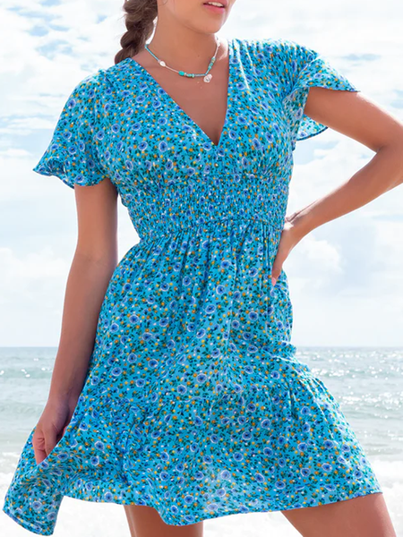 

Regular Fit Vacation Floral V Neck Dress, Blue, Dresses