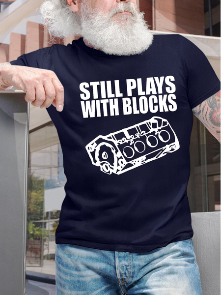 

Men's Still Plays With Blocks Funny Car Lover Graphic Printing Cotton Crew Neck Text Letters Casual T-Shirt, Purplish blue, T-shirts