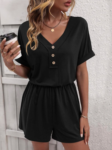 

V Neck Plain Casual Solid Button Front Tee RomperJumpsuit, Black, Jumpsuits＆Rompers