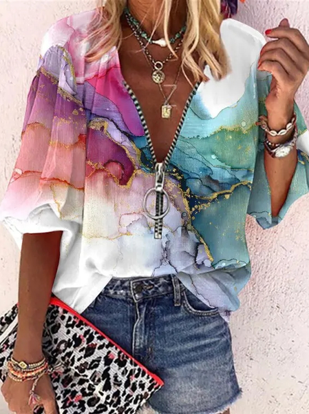 

Ombre Casual V Neck Loose Shirt, White, Shirts & Blouses