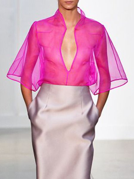 

Loose Stand Collar Plain Elegant Blouse, Deep pink, Blouses and Shirts