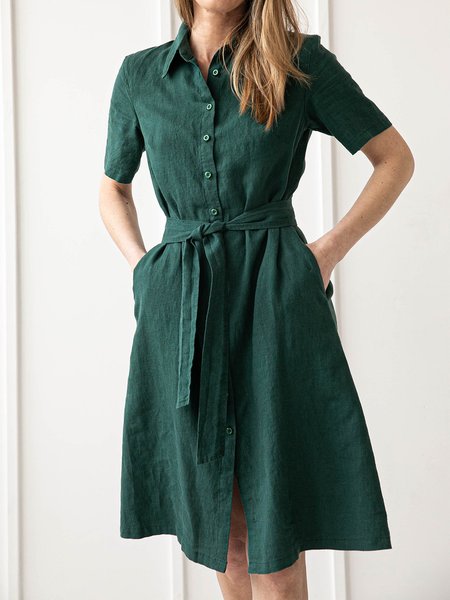 

Shawl Collar Plain Cotton Dress, Green, Mini Dresses