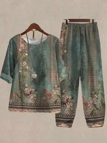 

Loose Buttoned Boho Floral Two-Piece Set, Green, Suit Set