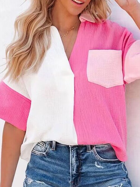 

Color Block Casual Loose V Neck Shirt, Deep pink, Shirts & Blouses