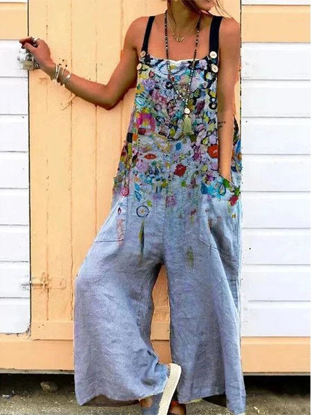 

Spaghetti Loose Floral Jumpsuit, Blue, Jumpsuits＆Rompers