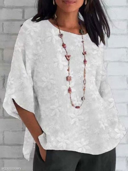 

Crew Neck Floral Cotton Loose Shirt, White, Tunics