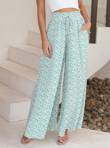

Loose Drawstring Boho Disty Floral Pants, Lightgreen, Pants