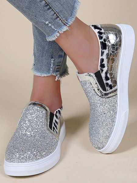 

Women's Glitter PU Slip On Flat Shoes, Silver, Sneakers