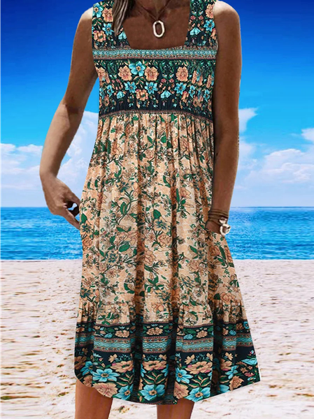 

Square Neck Casual Regular Fit Floral Dress, Light orange, Dresses