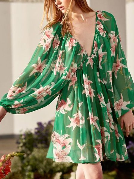 

V Neck Lantern Sleeve Vacation Loose Floral Dress, Green, Mini Dresses