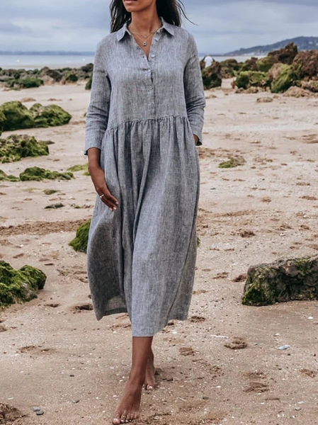 

Plain Shirt Collar Loose Linen Dress, Gray, Dresses