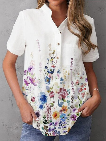 

Loose Stand Collar Casual Floral Shirt, White, Shirts & Blouses
