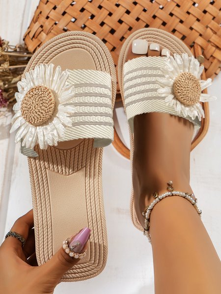 

Daisy Applique Fringe Decor Canvas Platform Slide Sandals, Beige, Sandals