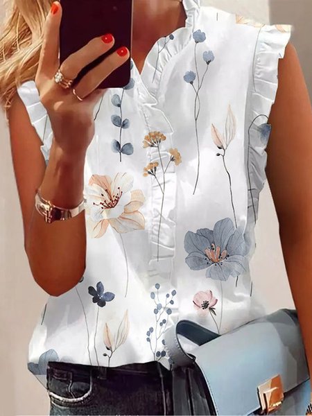 

Lotus Leaf Collar Floral Casual Shirt, White, Tank Tops & Camis