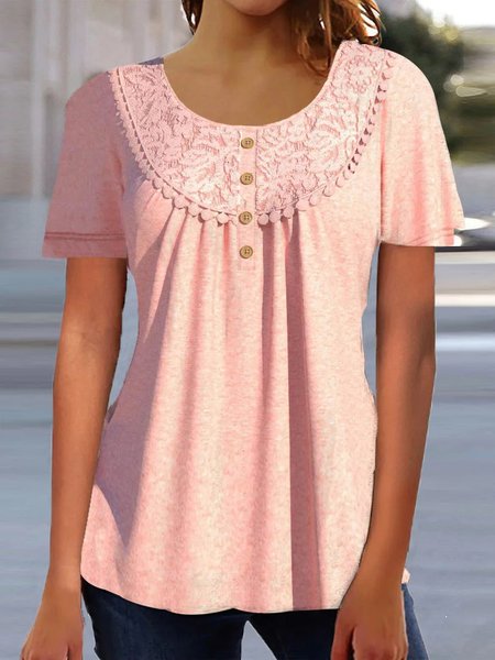 

Lace Crew Neck Plain Casual Shirt, Pink, Shirts & Blouses