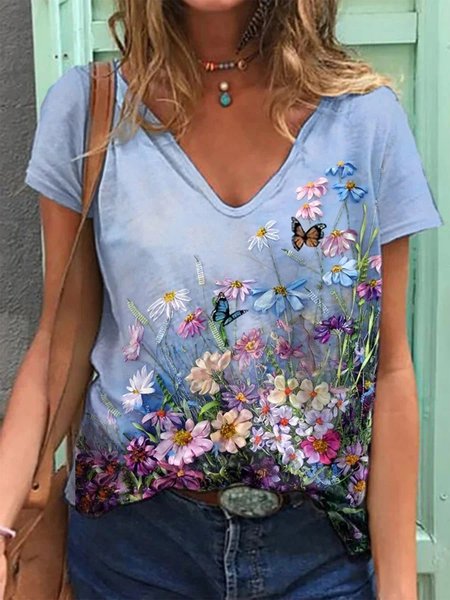 

V Neck Casual Floral T-Shirt, Blue, T-Shirts