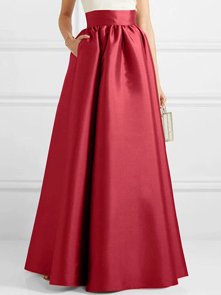 

Plain Loose High Waist Elegant Long Skirt, Red, Skirts