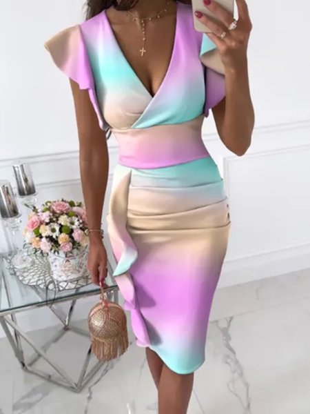 

Elegant Flouncing Ruched Ombre V Neck Dress, Multicolor, Midi Dresses